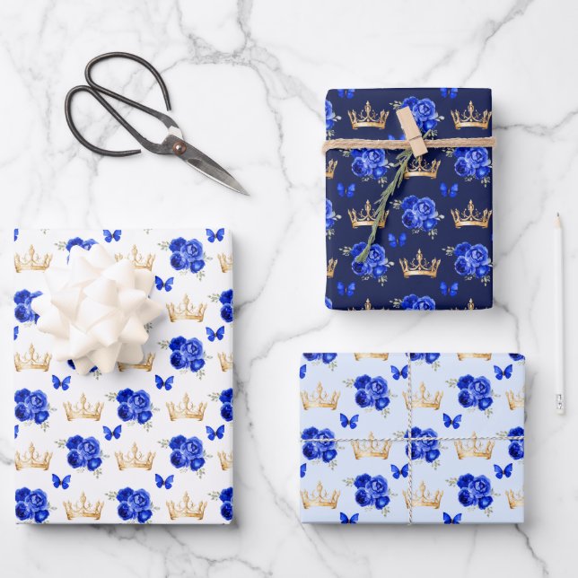 Royal Blue Flowers and Gold Crowns Wrapping Paper Sheet (Front)