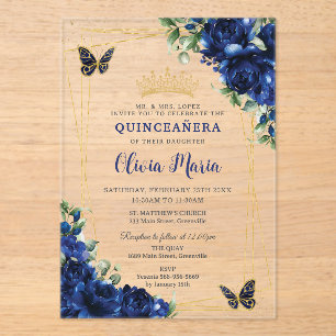 Royal Blue Flowers Floral Quinceañera Butterflies Acrylic Invitations