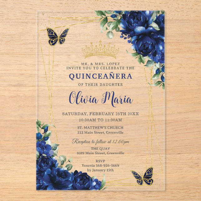 Royal Blue Flowers Floral Quinceañera Butterflies Acrylic Invitations (Front)