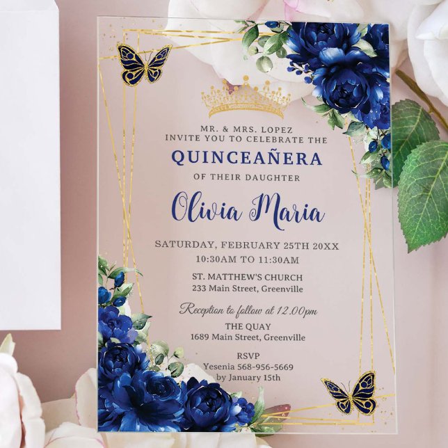 Royal Blue Flowers Floral Quinceañera Butterflies Acrylic Invitations (Creator Uploaded)