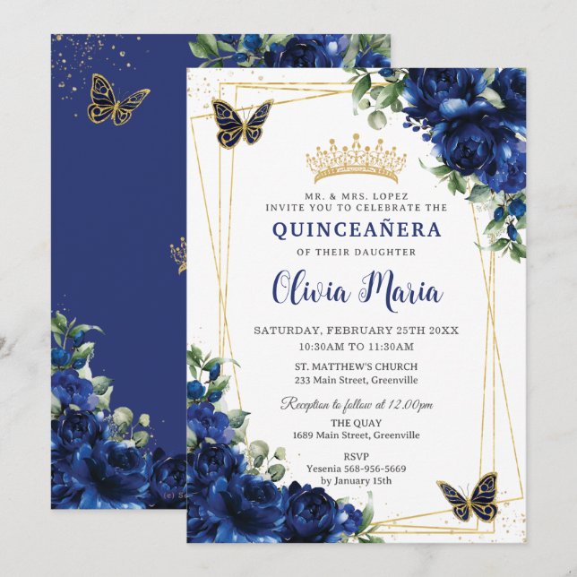 Royal Blue Flowers Floral Quinceañera Butterflies Invitation (Front/Back)