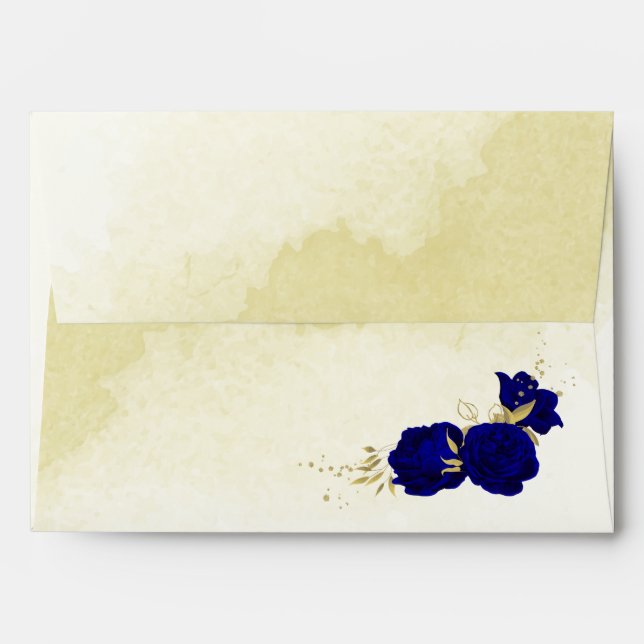 Royal blue flowers gold botanical wedding envelope (Back (Top Flap))
