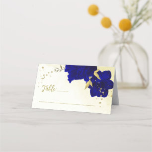 Royal blue flowers gold botanical wedding place card