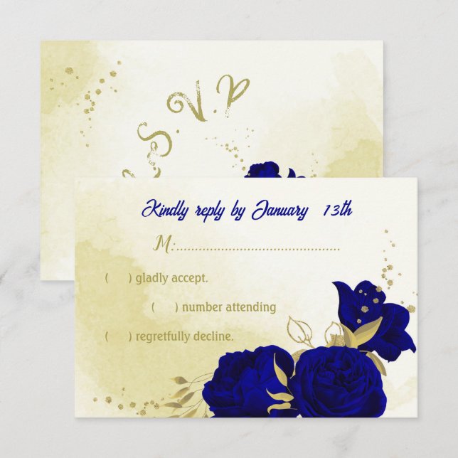 Royal blue flowers gold botanical wedding RSVP car (Front/Back)