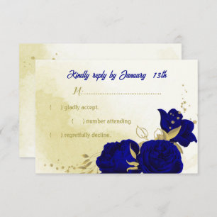 Royal blue flowers gold botanical wedding RSVP car