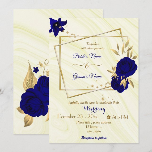 royal blue flowers gold geometric wedding invitation (Front/Back)