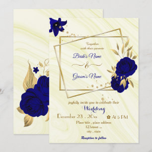 royal blue flowers gold geometric wedding invitation