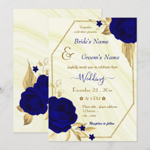 royal blue flowers gold geometric wedding invitation