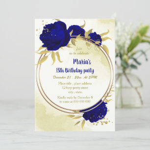 Royal blue flowers gold leaves birthday invitation