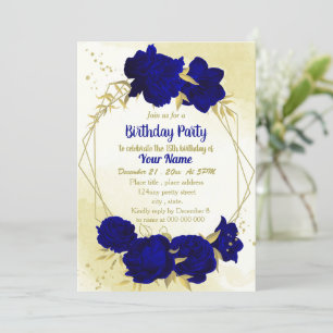 Royal blue flowers gold leaves birthday invitation
