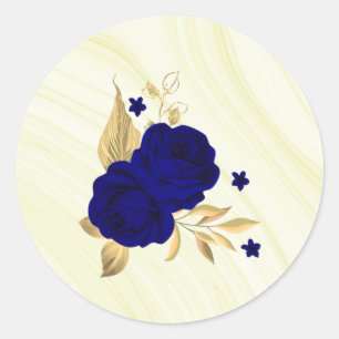 royal blue flowers gold leaves marble  classic round sticker