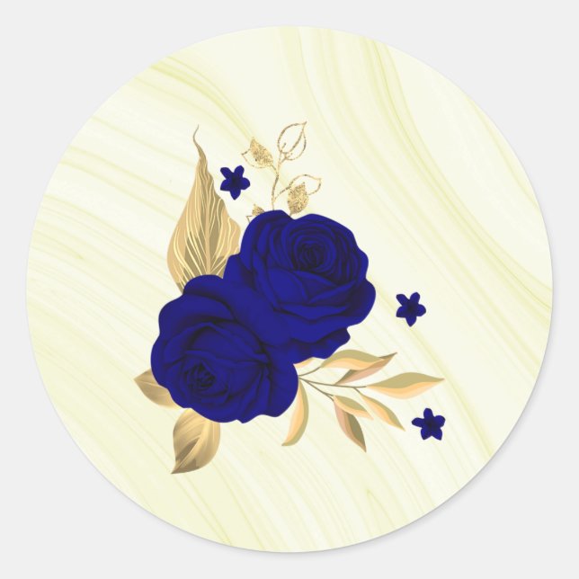 royal blue flowers gold leaves marble  classic round sticker (Front)
