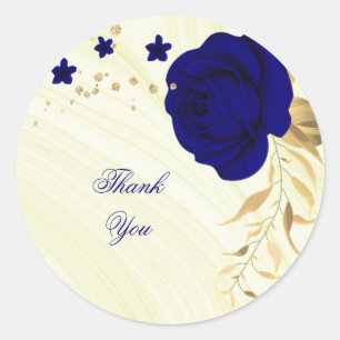 royal blue flowers & gold leaves marble classic round sticker