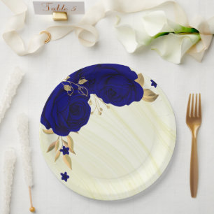 royal blue flowers gold leaves marble paper plate