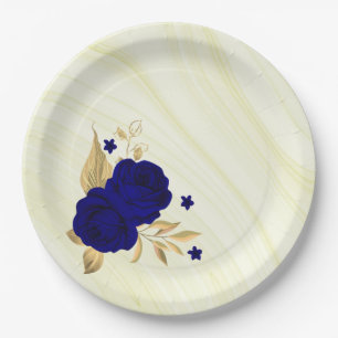 royal blue flowers gold leaves marble paper plate