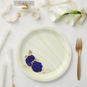 royal blue flowers gold leaves marble paper plate