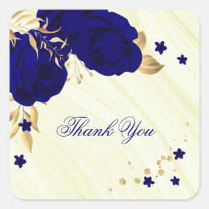 royal blue flowers & gold leaves marble  square sticker