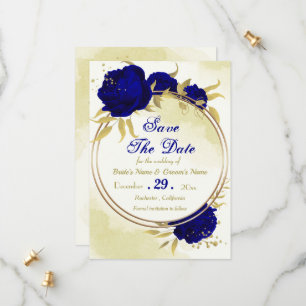 Royal blue flowers gold leaves save the date