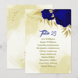 Royal blue flowers gold leaves seating chart card