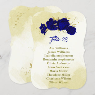 Royal blue flowers gold leaves seating chart card