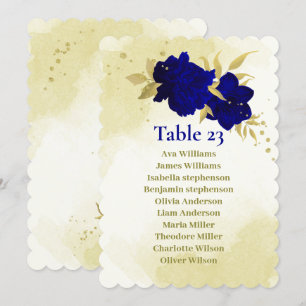 Royal blue flowers gold leaves seating chart card