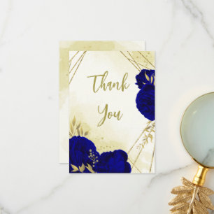 Royal blue flowers gold leaves thank you card