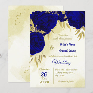 Royal blue flowers gold leaves wedding invitation