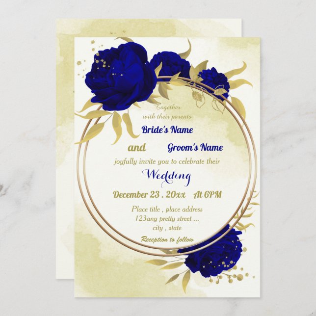 Royal blue flowers gold leaves wedding invitation (Front/Back)