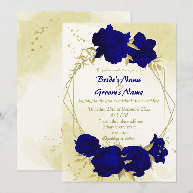 Royal blue flowers gold leaves wedding invitation (Front/Back)