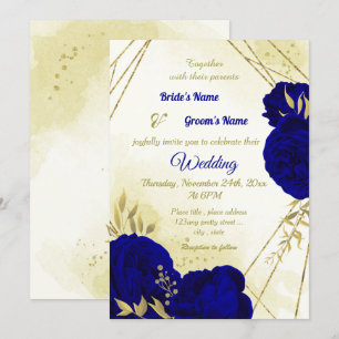 Royal blue flowers gold leaves wedding invitation
