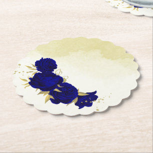 Royal blue flowers gold leaves wedding paper coaster