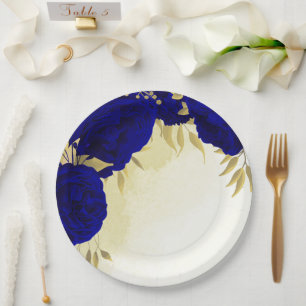 Royal blue flowers gold leaves wedding paper plate