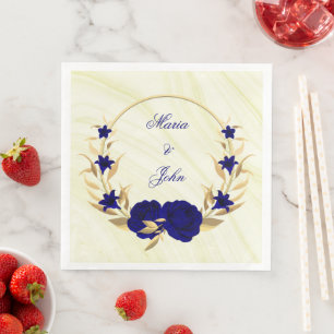 royal blue flowers gold leaves wreath marble napkin