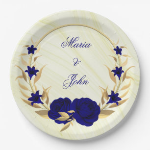 royal blue flowers gold leaves wreath marble paper plate