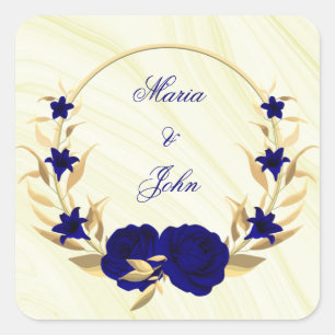 royal blue flowers gold leaves wreath marble square sticker