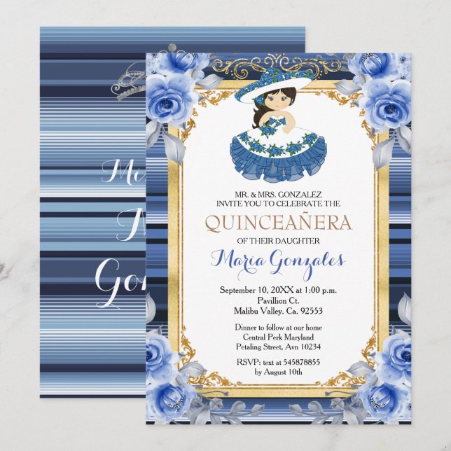 Royal Blue Flowers Gold Quinceanera Invitation (Front/Back)
