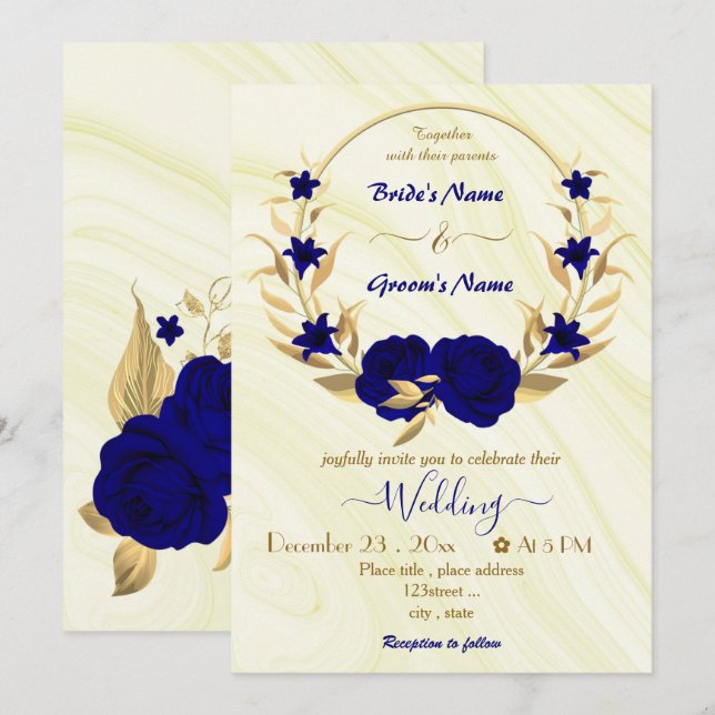 royal blue flowers gold wreath  invitation (Front/Back)