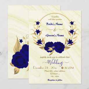 royal blue flowers gold wreath  invitation