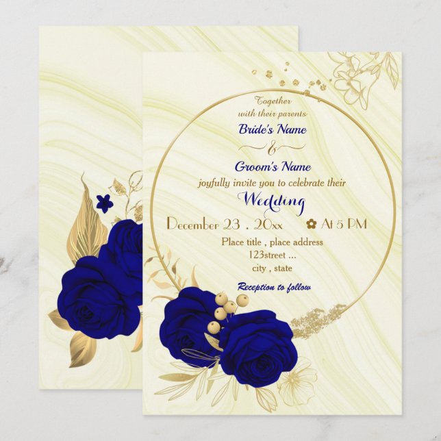 royal blue flowers gold wreath wedding invitation (Front/Back)