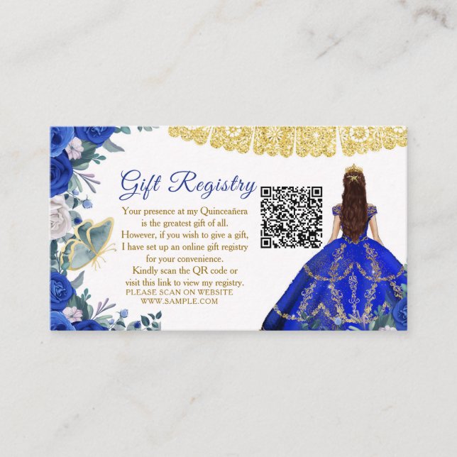 Royal Blue Flowers Quinceañera QR Gift Registry Enclosure Card (Front)