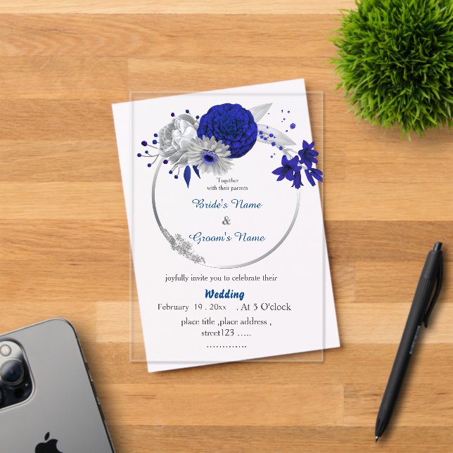 royal blue flowers silver floral wreath wedding acrylic invitations (Insitu (Invitation Card))