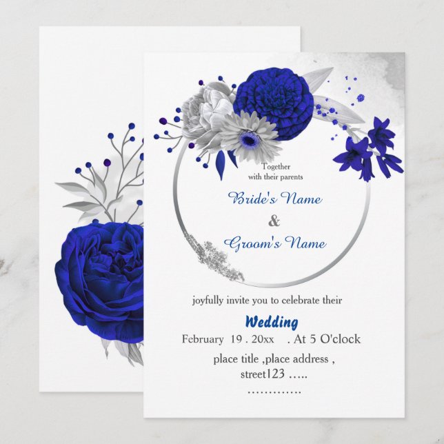 royal blue flowers silver floral wreath wedding invitation (Front/Back)