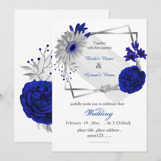 royal blue flowers silver geometric frame invitation (Front/Back)