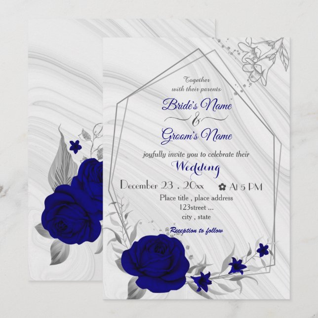 royal blue flowers silver geometric wedding invita invitation (Front/Back)