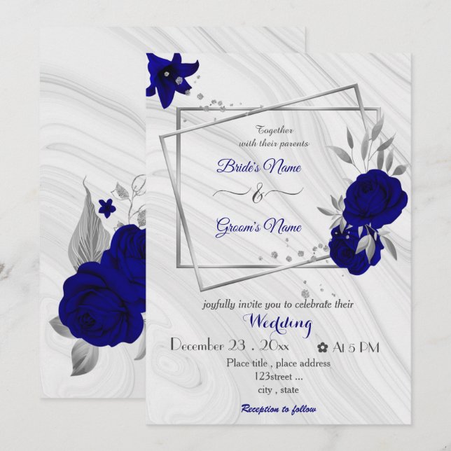 royal blue flowers silver grey geometric wedding  invitation (Front/Back)