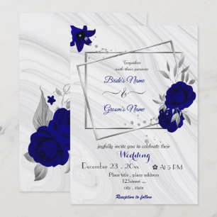 royal blue flowers silver grey geometric wedding invitation
