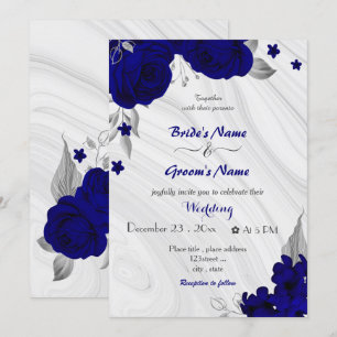 royal blue flowers silver grey wedding invitation