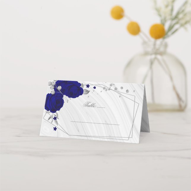royal blue flowers silver leaves geometric place card (Front)