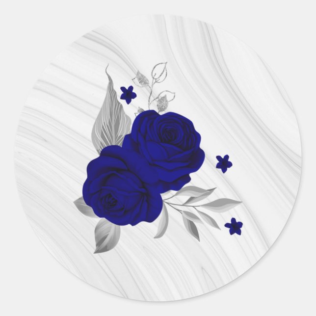 royal blue flowers silver leaves marble classic round sticker (Front)