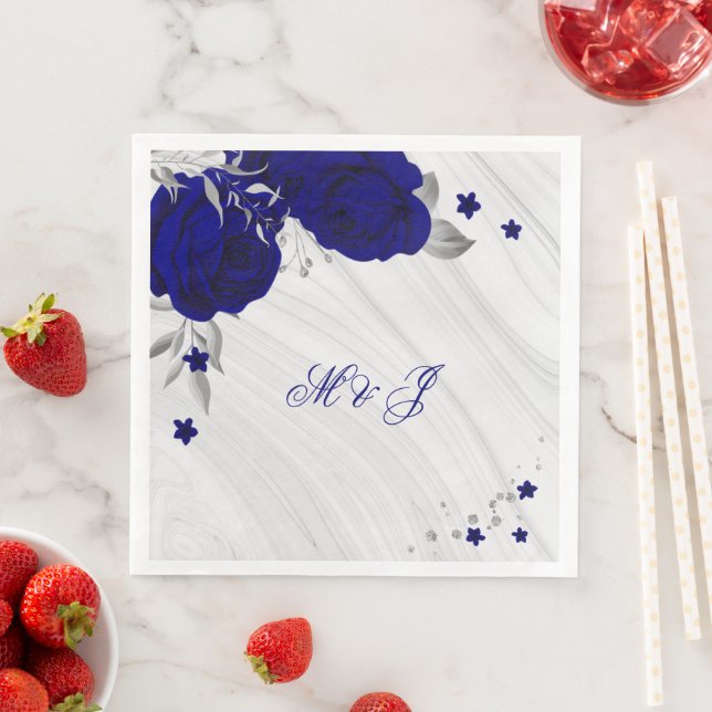 royal blue flowers silver leaves marble napkin (Insitu)